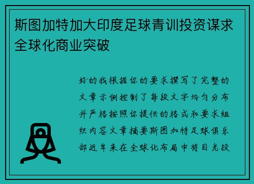 斯图加特加大印度足球青训投资谋求全球化商业突破